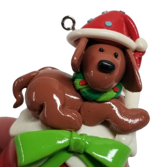 Dog Christmas Ornament w Brown Puppy on Red Bell Hanging Candy Cane Santa Hat - Picture 2 of 5